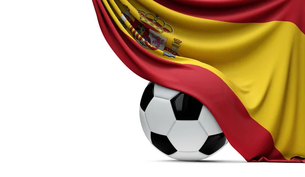 İspanya ulusal bayrağı bir futbol topu nun üzerine asılmış. 3d Rende — Stok fotoğraf