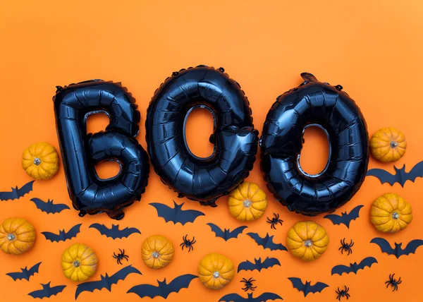 Halloween balloon word boo with pumpkins and bats