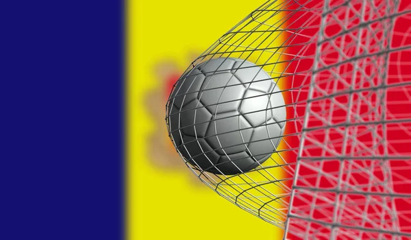 Bola de futebol marca um gol em uma rede contra a bandeira de Andorra. 3D Rend — Fotografia de Stock