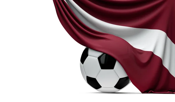 Latvia national flag draped over a soccer football ball. 3D Rend — Stock Photo, Image