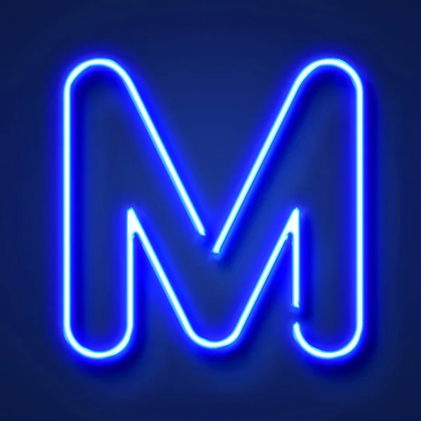 Letter M realistic glowing blue neon letter against a blue backg