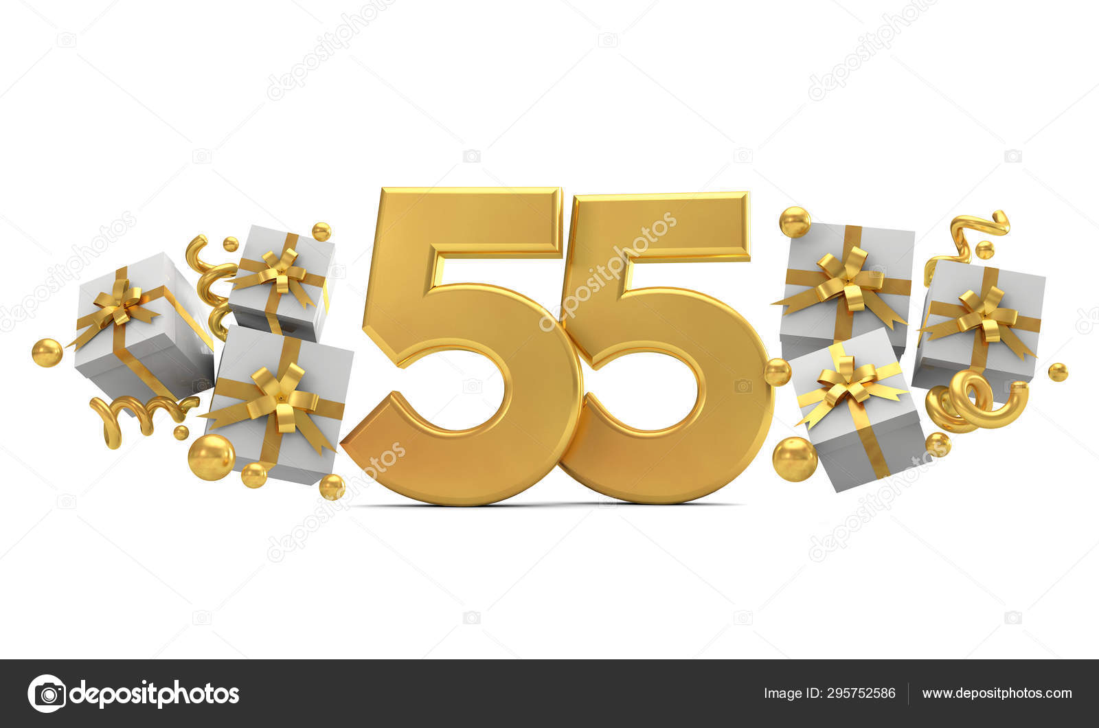 Number 55 gold birthday celebration number with gift boxes. 3D R Stock