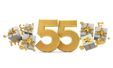 Hediye kutuları ile 55 numara altın doğum günü kutlama numarası. 3d R