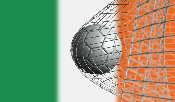 Fußball schießt ein Tor in einem Netz gegen die irische Flagge. 3d rend — Stockfoto