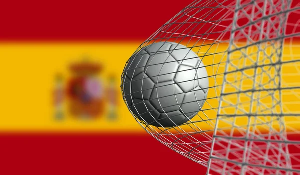 La pelota de fútbol marca un gol en una red contra la bandera de España. Renderizado 3D — Foto de Stock