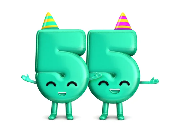 Feliz 55th Aniversário personagem de festa bonito com chapéu. Renderização 3D — Fotografia de Stock