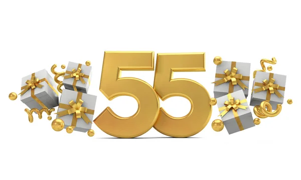 55号黄金生日庆祝号码与礼品盒。3d R — 图库照片
