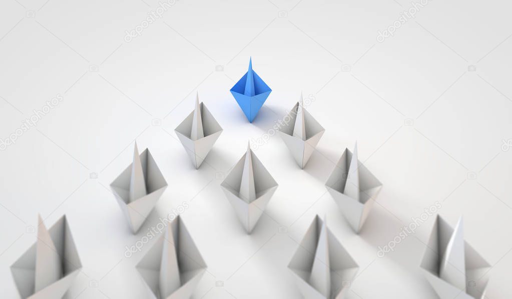 Origami boats leadship concept. 3D Rendering