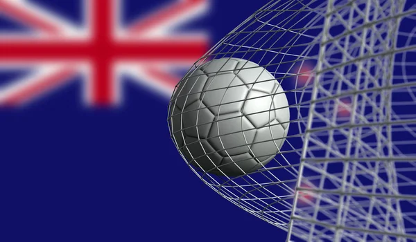Soccer ball scores a goal in a net against New Zealand flag. 3D — Stock Photo, Image