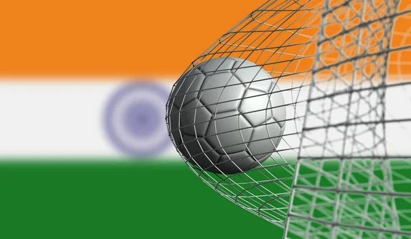 Bola de futebol marca um gol em uma rede contra a bandeira da Índia. Renderização 3D — Fotografia de Stock