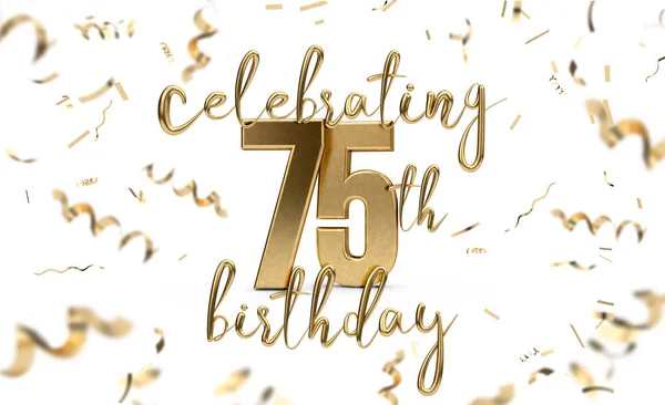 Celebrating 75th birthday gold greeting card with confetti. 3D R