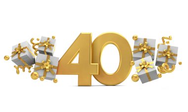 Hediye kutuları ile Numara 40 altın doğum günü kutlama numarası. 3d R