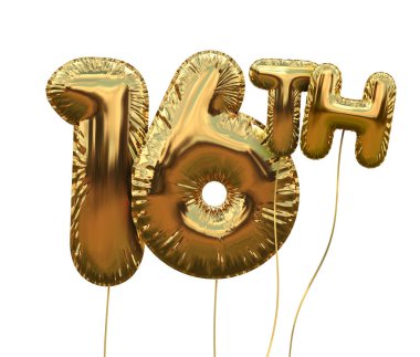 Altın sayısı 16 folyo doğum günü balonu beyaz izole. Altın p