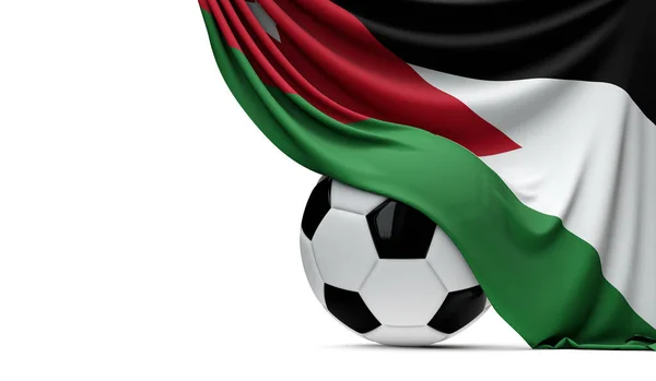 A bandeira nacional da Jordânia cobriu uma bola de futebol. 3D Rend — Fotografia de Stock