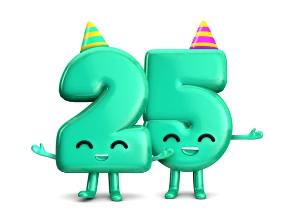 Feliz 25 Aniversário bonito personagem de festa com chapéu. Renderização 3D — Fotografia de Stock