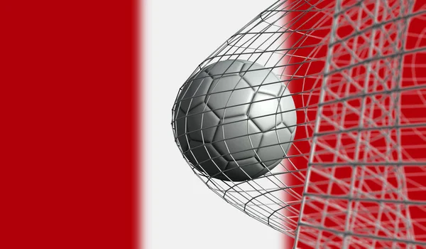 Bola de futebol marca um gol em uma rede contra a bandeira do Peru. Renderi 3D — Fotografia de Stock