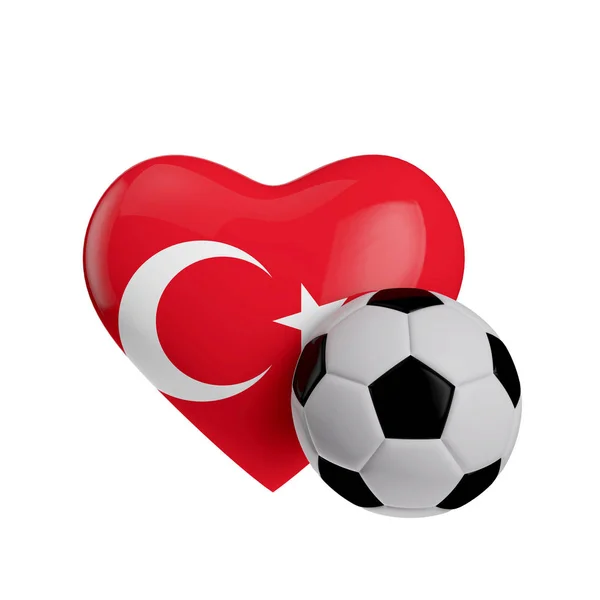 Bandera de Turquía en forma de corazón con una pelota de fútbol. Me encanta el fútbol. 3D Re — Foto de Stock