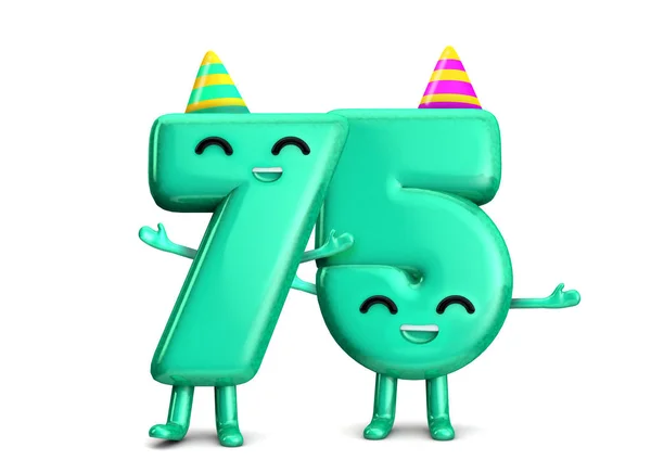 Feliz 75th Aniversário personagem de festa bonito com chapéu. Renderização 3D — Fotografia de Stock