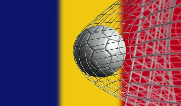 Bola de futebol marca um gol em uma rede contra a bandeira da Romênia. 3D Rend — Fotografia de Stock