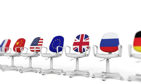 Een rij stoelen met internationale vlaggen. Wereldpolitiek concep — Stockfoto