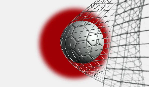 A bola de futebol marca um gol em uma rede contra a bandeira do Japão. Renderização 3D — Fotografia de Stock