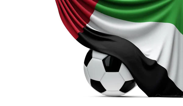 Bandeira nacional dos Emirados Árabes Unidos coberta por um futebol — Fotografia de Stock