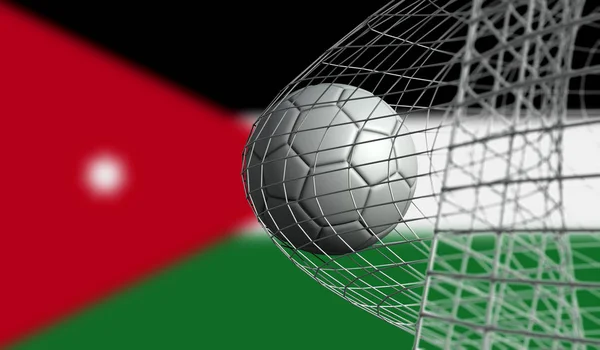 Soccer ball scores a goal in a net against Jordan flag. 3D Rende