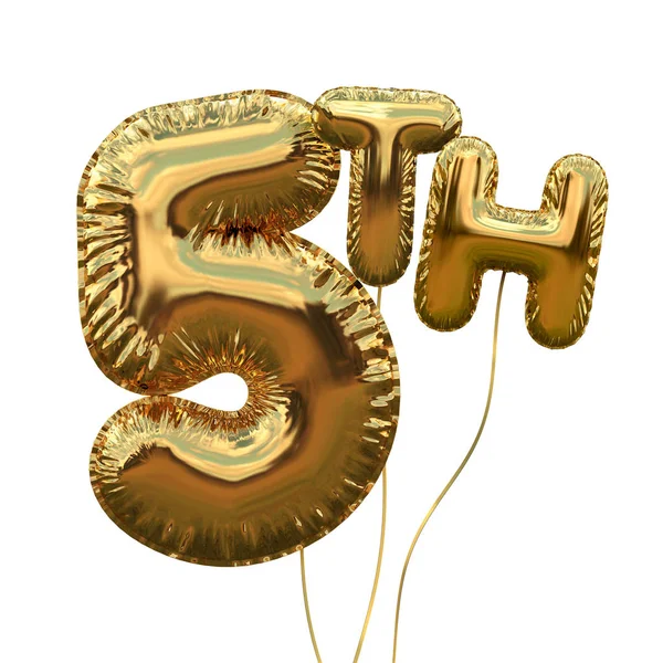 Palloncino compleanno numero 5 in lamina d'oro isolato su bianco. Golden pa — Foto Stock