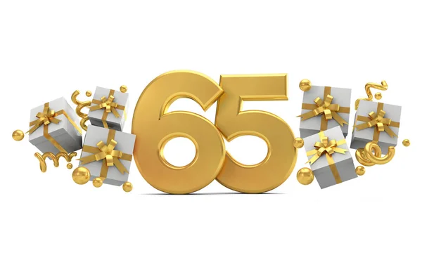 Number 65 gold birthday celebration number with gift boxes. 3D R — Stock Photo, Image