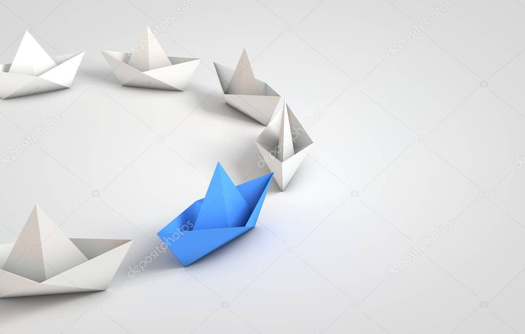 Origami boats leadship concept. 3D Rendering