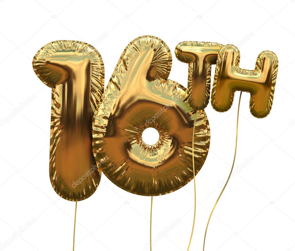 Gold number 16 foil birthday balloon isolated on white. Golden p