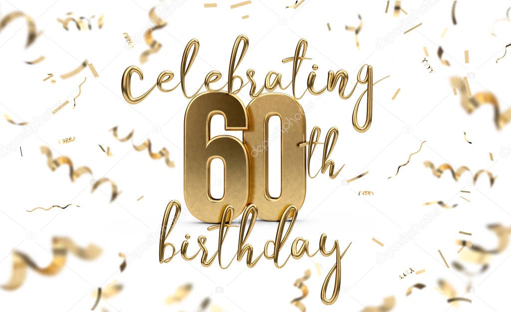 Celebrating 60th birthday gold greeting card with confetti. 3D R