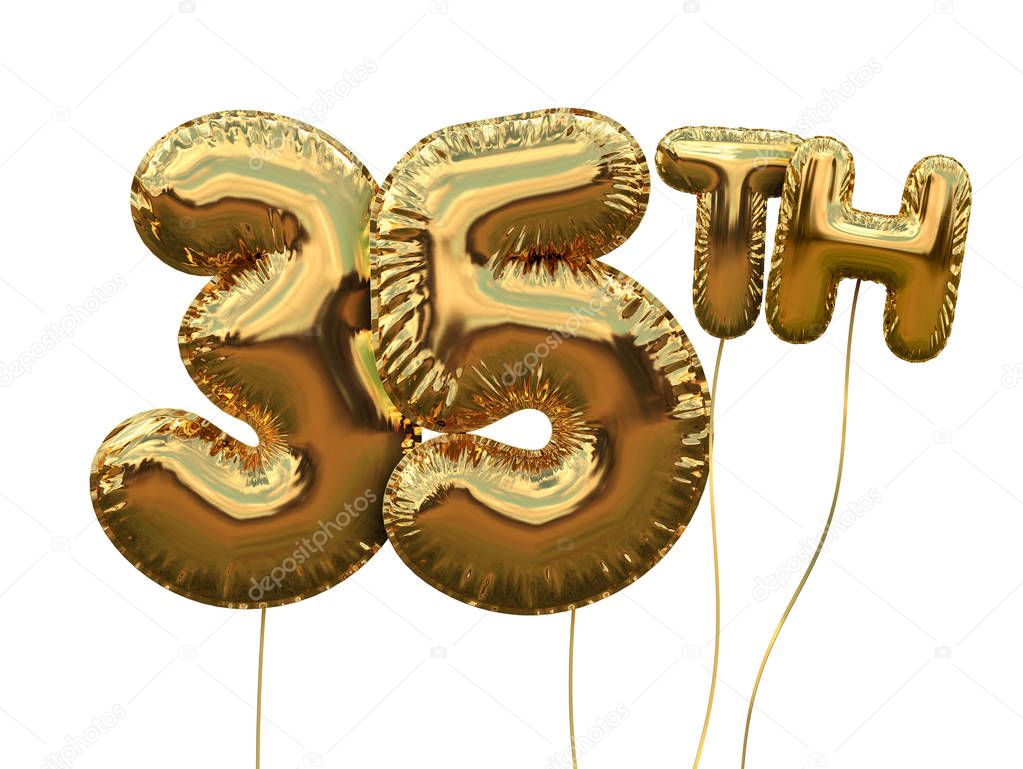 Gold number 35 foil birthday balloon isolated on white. Golden p
