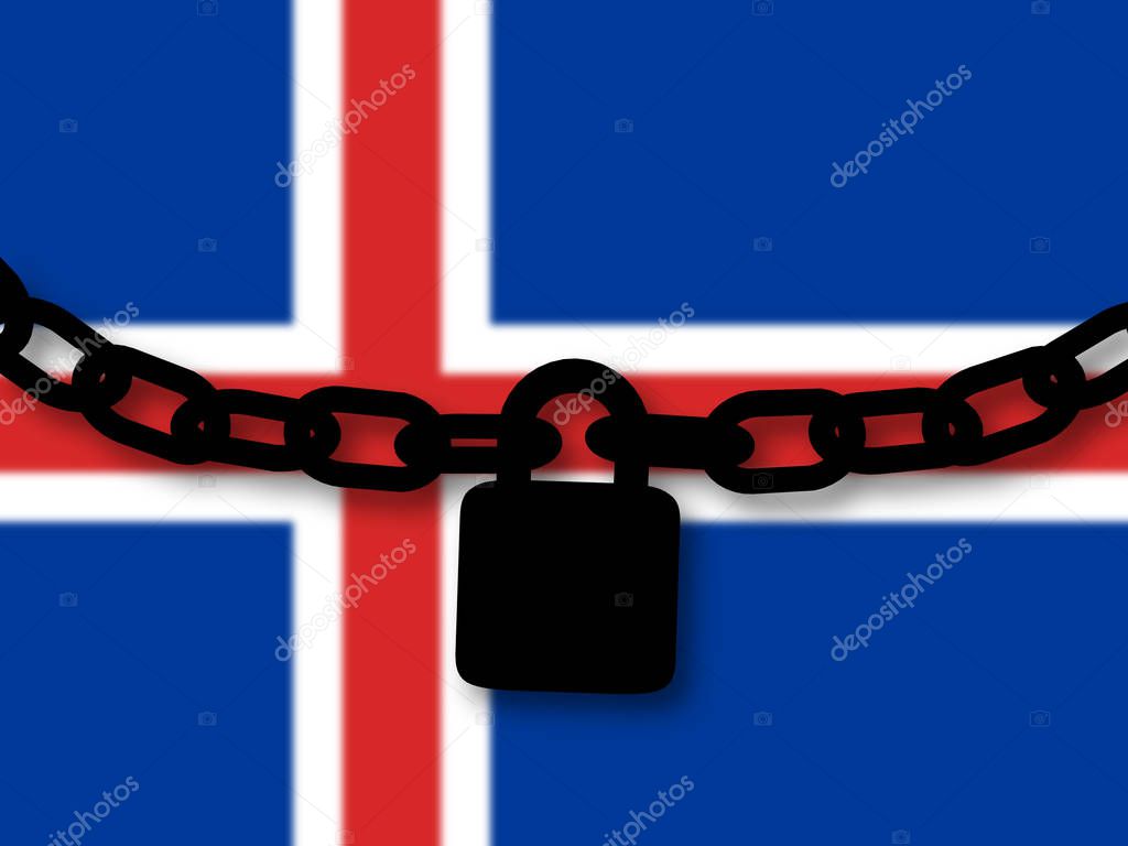 Iceland security. Silhouette of a chain and padlock over nationa