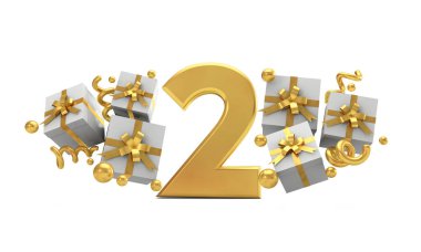 Hediye kutuları ile 2 numaralı altın doğum günü kutlama numarası. 3d Re