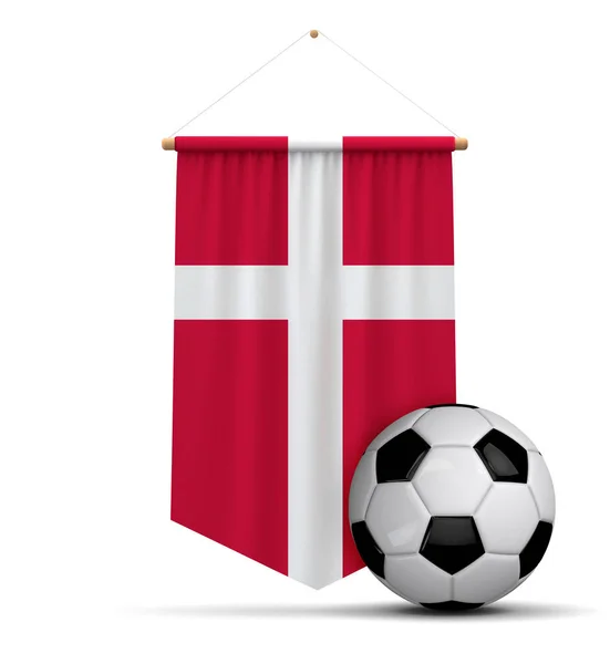 Dania flaga tkaniny wiszące banner z piłką nożną. Renderowanie 3D — Zdjęcie stockowe