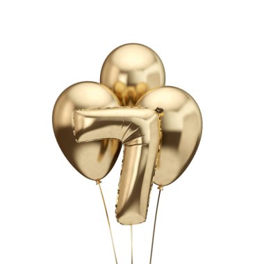 7. doğum günü altın folyo balonlar demet. Doğum günün kutlu olsun. 3d Rendering