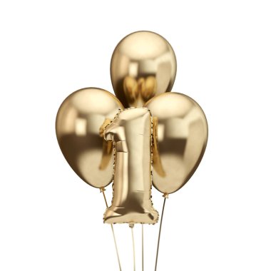 1. doğum günü altın folyo balon demet. Doğum günün kutlu olsun. 3d Rendering