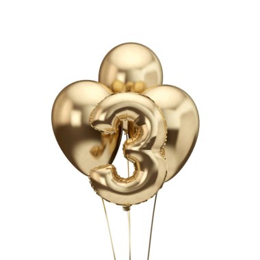 3. doğum günü altın folyo balon demet. Doğum günün kutlu olsun. 3d Rendering