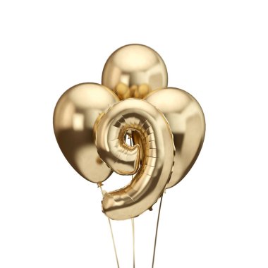 9. doğum günü altın folyo balonlar demet. Doğum günün kutlu olsun. 3d Rendering