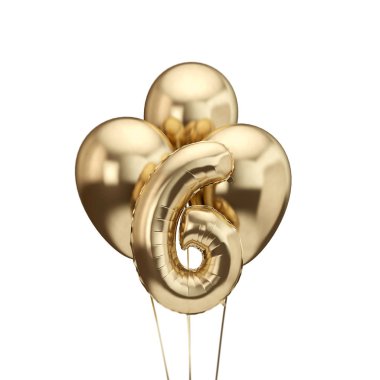 6. doğum günü altın folyo balonlar demet. Doğum günün kutlu olsun. 3d Rendering