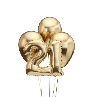 21. doğum günü altın folyo balonlar demet. Doğum günün kutlu olsun. 3d Rendering