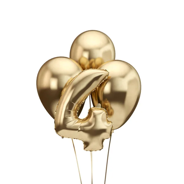 4. narozeninová zlatá fólie, hromada balónků. Hodně štěstí. prostorové vykreslování — Stock fotografie
