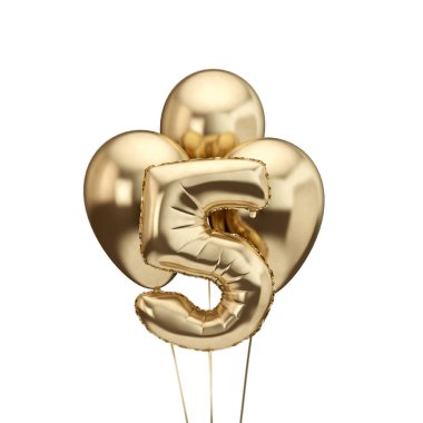 5. doğum günü altın folyo balon demet. Doğum günün kutlu olsun. 3d Rendering