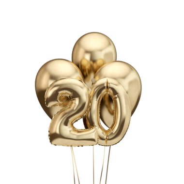 20. doğum günü altın folyo balonlar demet. Doğum günün kutlu olsun. 3d Rendering