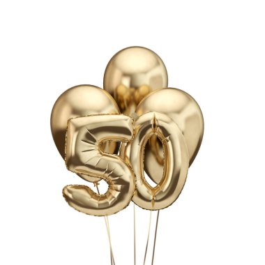 50th birthday gold foil bunch of balloons. Happy birthday. 3D Rendering clipart