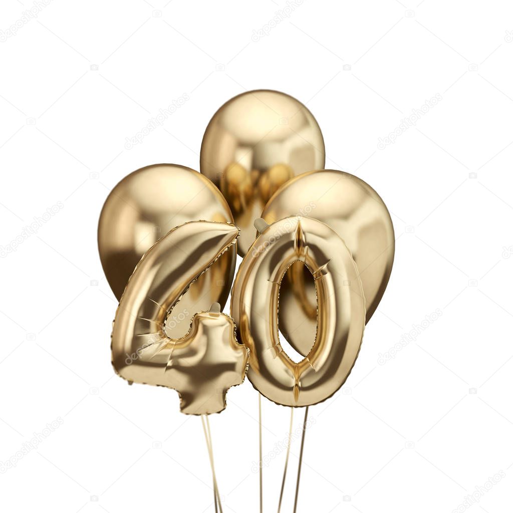 40th birthday gold foil bunch of balloons. Happy birthday. 3D Rendering