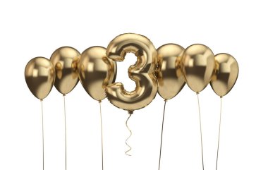 3. doğum günü altın balon arka plan. Doğum günün kutlu olsun. 3d Rendering