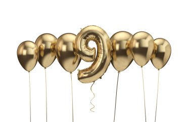 9. doğum günü altın balon arka plan. Doğum günün kutlu olsun. 3d Rendering