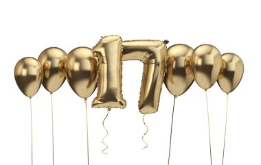 17. doğum günü altın balon arka plan. Doğum günün kutlu olsun. 3d Rendering
